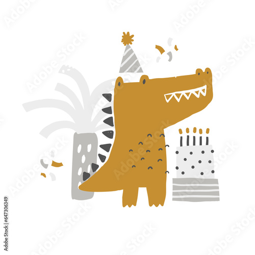 Cute crocodile in festive hat, cake with candles, palm tree and confetti. African animals. Vector illustration for kids. Invitation, postcard for children's birthday, party, baby shower.