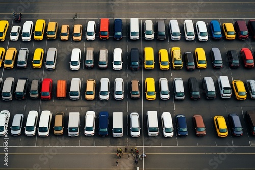 Multiple trucks and vans parked in organized lines. Generative AI