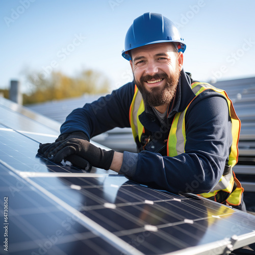 Solar power engineer installing solar panels, on the roof, electrical technician at work, Men technicians carrying photovoltaic solar moduls on roof of house