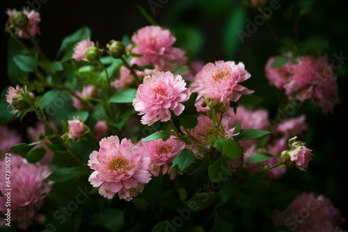 a bunch of pink flowers with green foliage. Generative AI