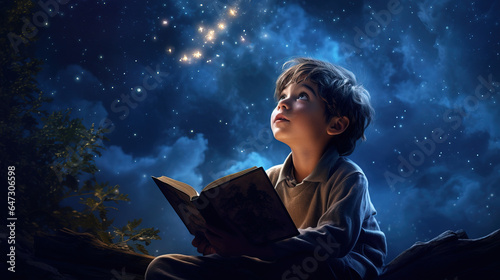 A little boy reads a book against the background of the starry sky. Generation AI