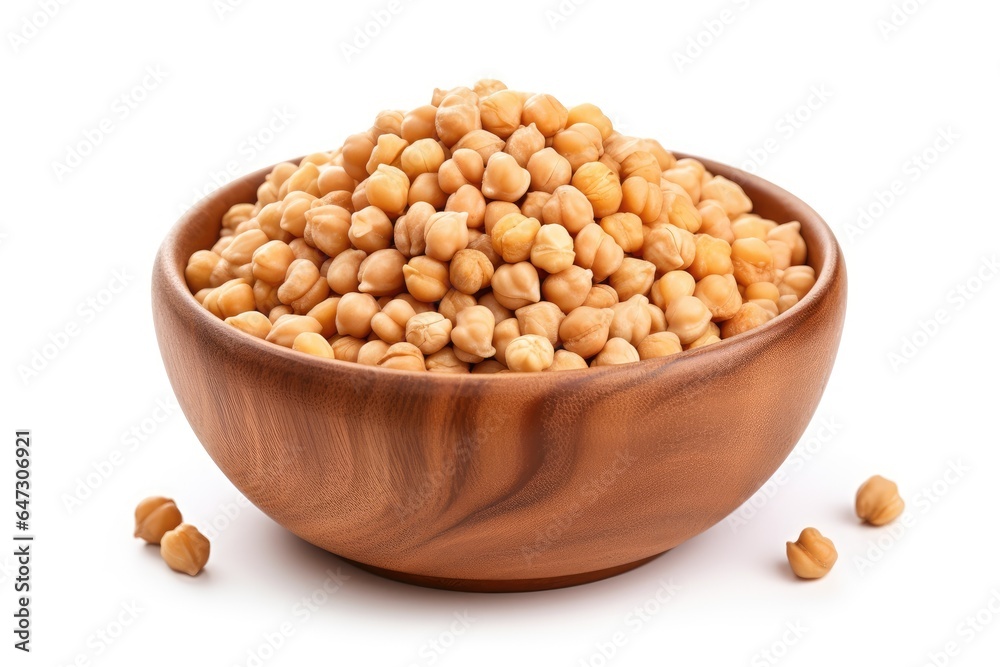 Dry raw organic chickpeas in wooden bowl isolated on white background. Dry raw organic chickpeas in wooden bowl isolated on white background.