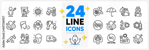 Icons set of Cholecalciferol, Vaccination and Ambulance emergency line icons pack for app with People vaccination, No vaccine, Wash hands thin outline icon. Coronavirus, Stay home. Vector