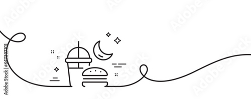 Night eat line icon. Continuous one line with curl. Fast food before sleep sign. Gluttony symbol. Night eat single outline ribbon. Loop curve pattern. Vector