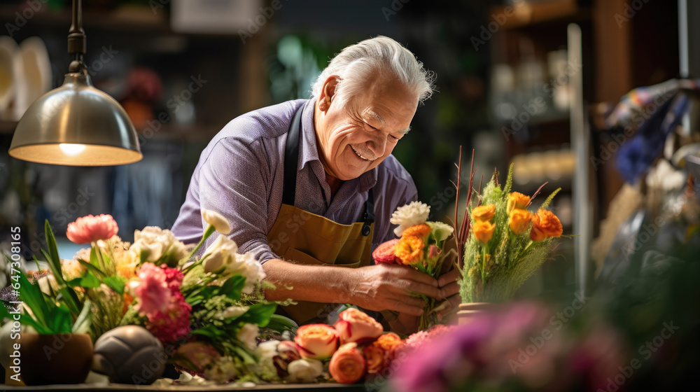 Senior man working in a flower store