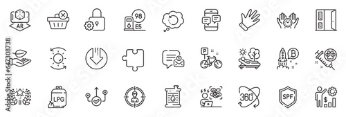 Icons pack as Delete purchase, Spf protection and Bitcoin project line icons for app include Safe time, Sun protection, Augmented reality outline thin icon web set. Lock. Vector