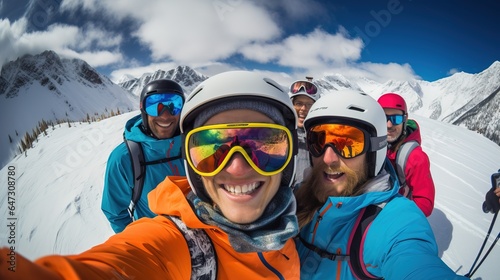 A cheerful group of snowboarders in the mountains, skiing on the slopes of the mountains. Generation AI