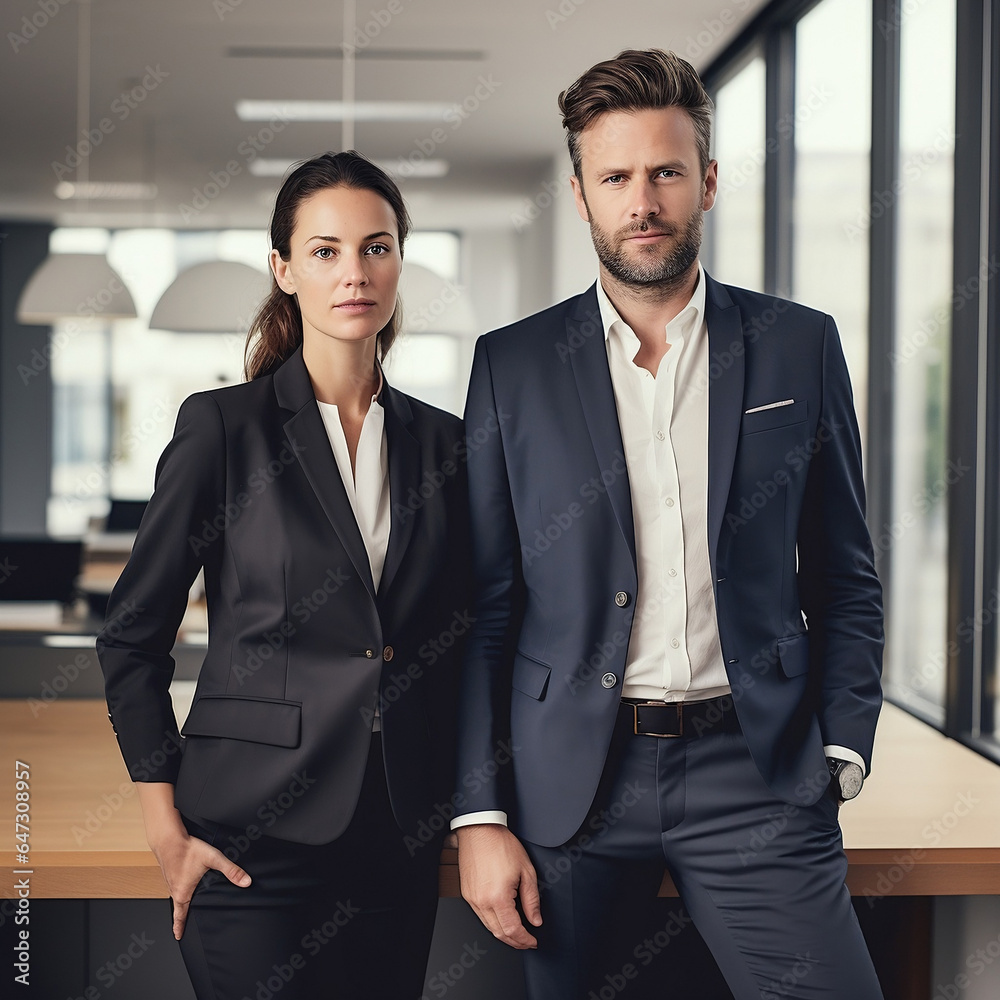 Fototapeta premium Portrait of two business people standing in an office