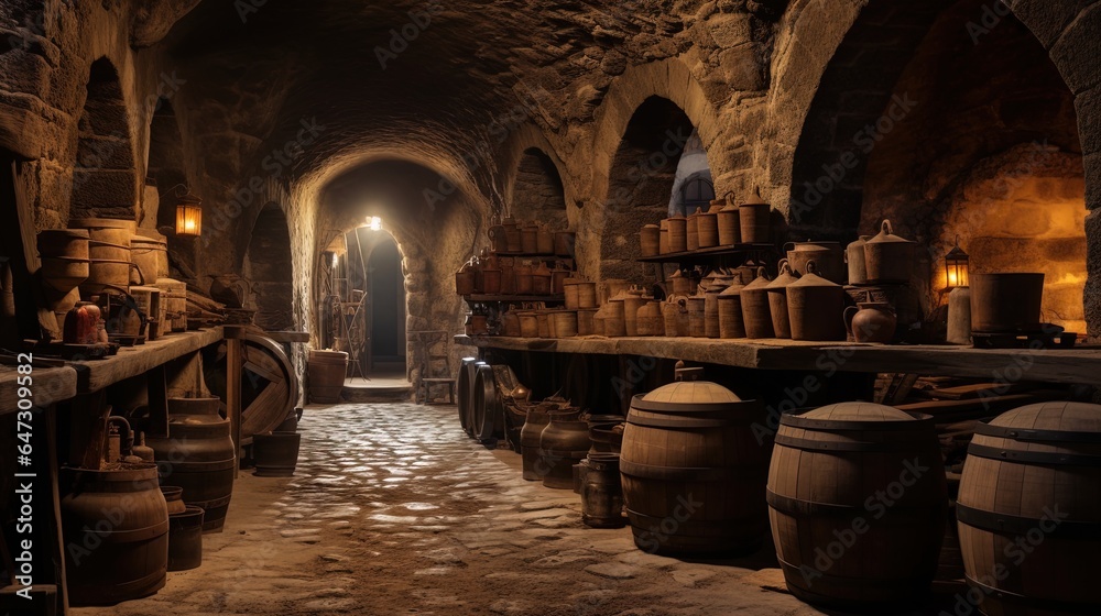 Obraz premium An ancient cellar with barrels of wine. Generation AI