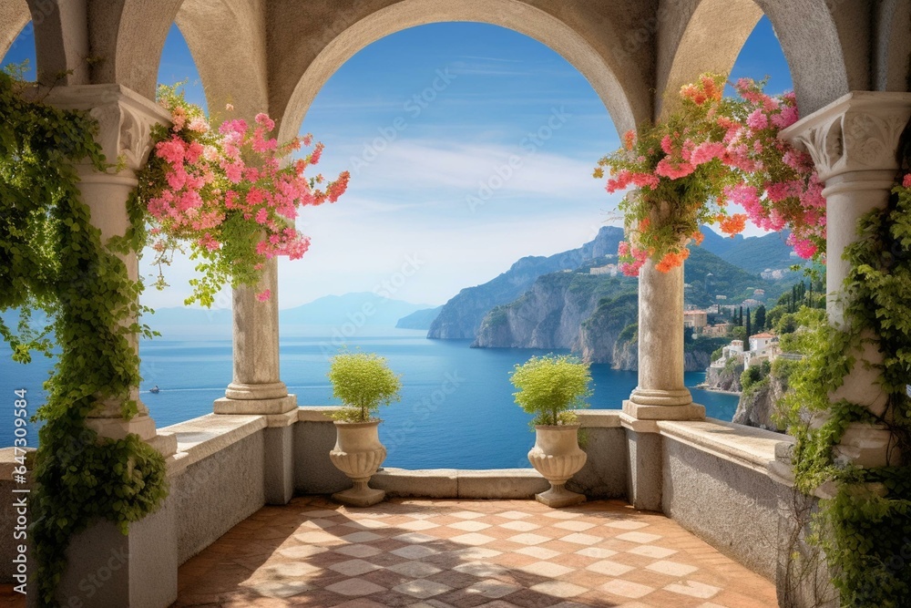 Stunning coastal view with colorful arches, flowers, and blue sky. Generative AI