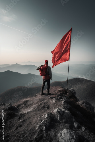 Reaching a goal concept - mountaineer with red flag on mountain with Generative AI technology © Ajit