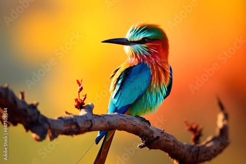 Colorful bird perched on red tree branch, showcasing beauty of wildlife in nature.