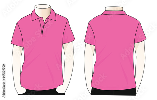 Men's blank pink short sleeve polo shirt template on white background.Front and back view, vector file