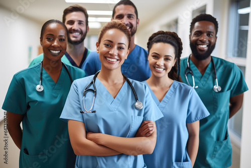 Portrait Of Laughing Medical Team In Hospital Corridor