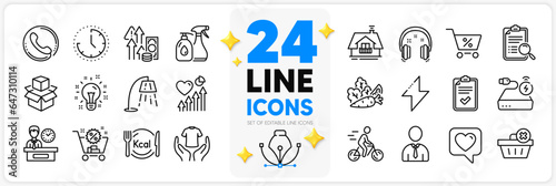 Icons set of Balcony, Vegetables and Packing boxes line icons pack for app with Shopping cart, Checklist, Energy thin outline icon. Inflation, Special offer, Power bank pictogram. Vector