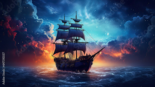 pirate ship in front of a cloudy galactic sky, moody lighting