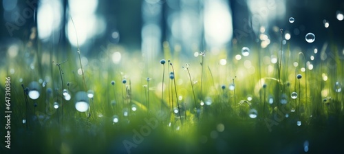 Fototapeta Naklejka Na Ścianę i Meble -  Closeup dew on green forest grass leaves. Generative AI technology.