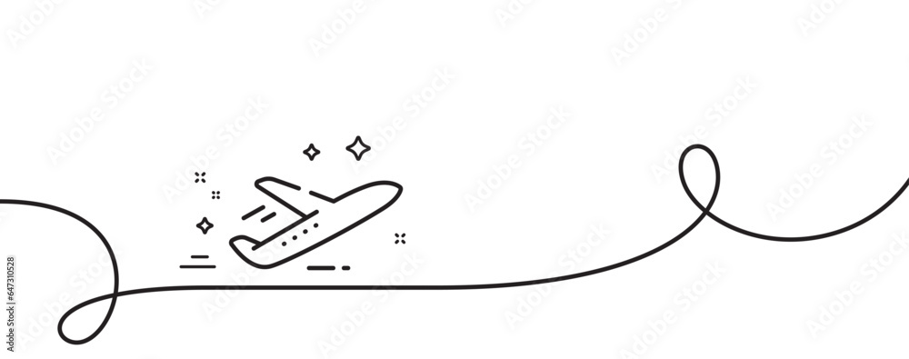 Plane line icon. Continuous one line with curl. Airport transport sign. Airplane flight symbol. Plane single outline ribbon. Loop curve pattern. Vector Plane line icon. Continuous one line with curl. Airport transport sign. Airplane flight symbol. Plane single outline ribbon. Loop curve pattern. Vector
