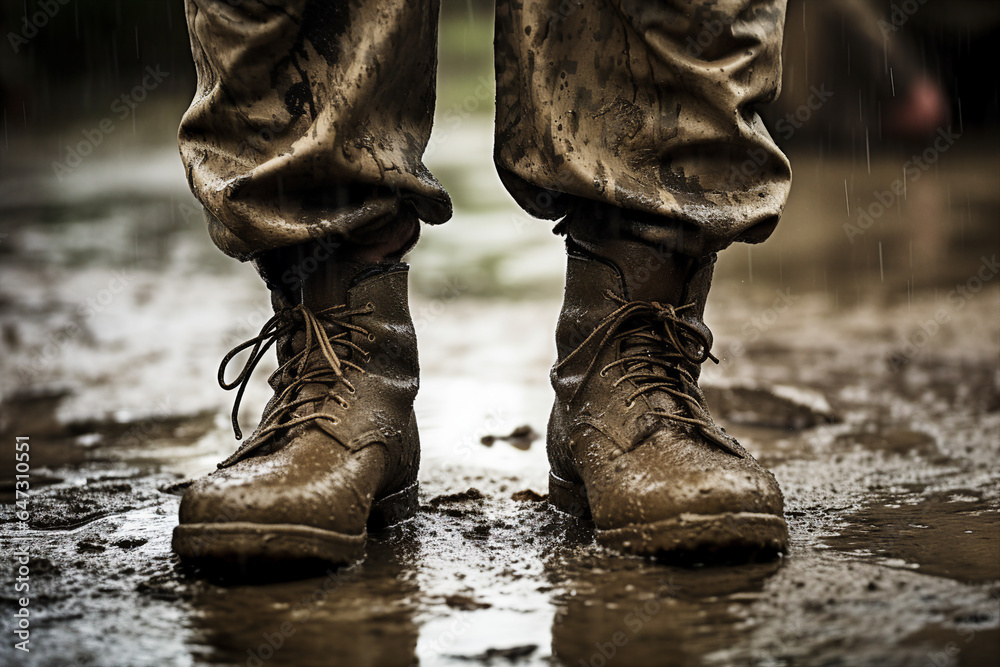 Close up photo of military legs on the battlefield ground made with generative AI Close up photo of military legs on the battlefield ground made with generative AI
