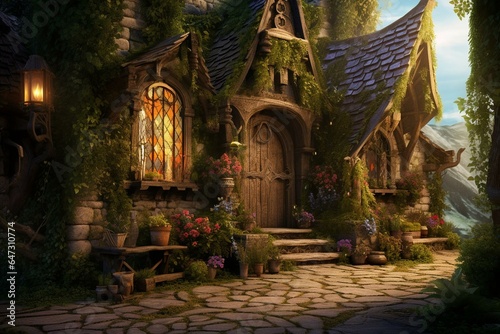 Stunning image of a fantasy medieval cottage adorned with plants  furniture  and enchanting light. Generative AI