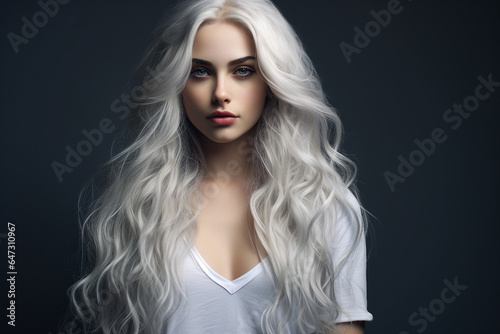 Generative Ai portrait illustration of glamorous charming young girl fashion model have white dyed tint hair