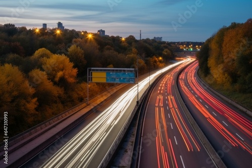 Timelapse of motorway and city with busy traffic in autumn. Generative AI