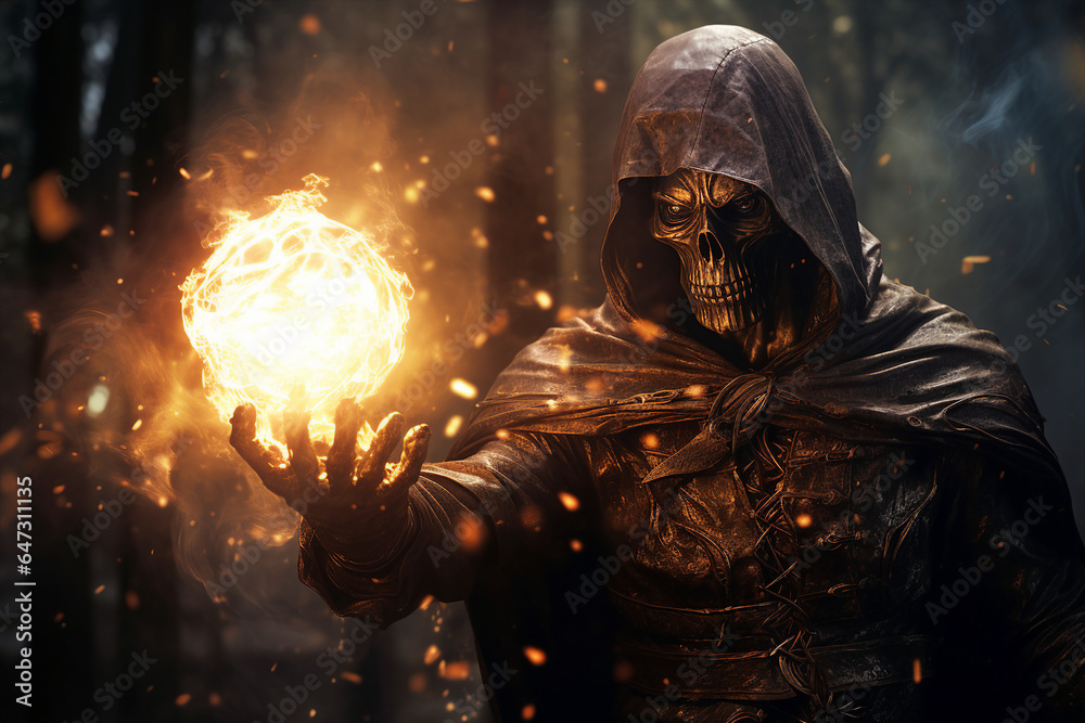 Generative ai collage picture of powerful demon in death eater character costume using dark magic fire spell Generative ai collage picture of powerful demon in death eater character costume using dark magic fire spell