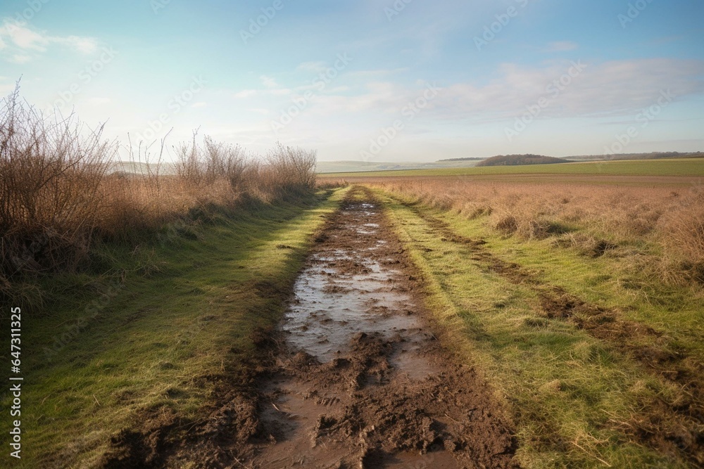 Muddy path stretching into horizon beneath clear sky through grassy landscape. Generative AI