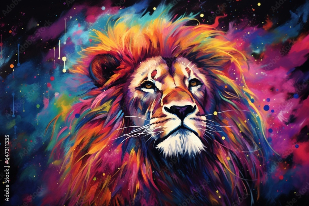 Lion with vibrant celestial colors. Generative AI