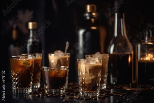 Layered iced coffee topped with liqueur on bar counter, showcases of bottles in a nightclub with dark background. Generative AI