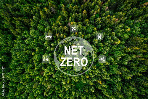 Carbon neutral and net zero or co2 emission for target in 2050 for a sustainable environment and eco-friendly on top view nature and green forest.