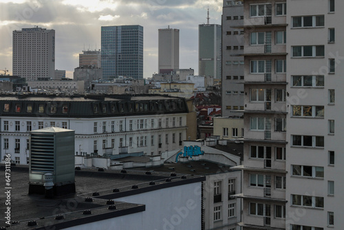 Contrast of roofs and old tenements of Warsaw.