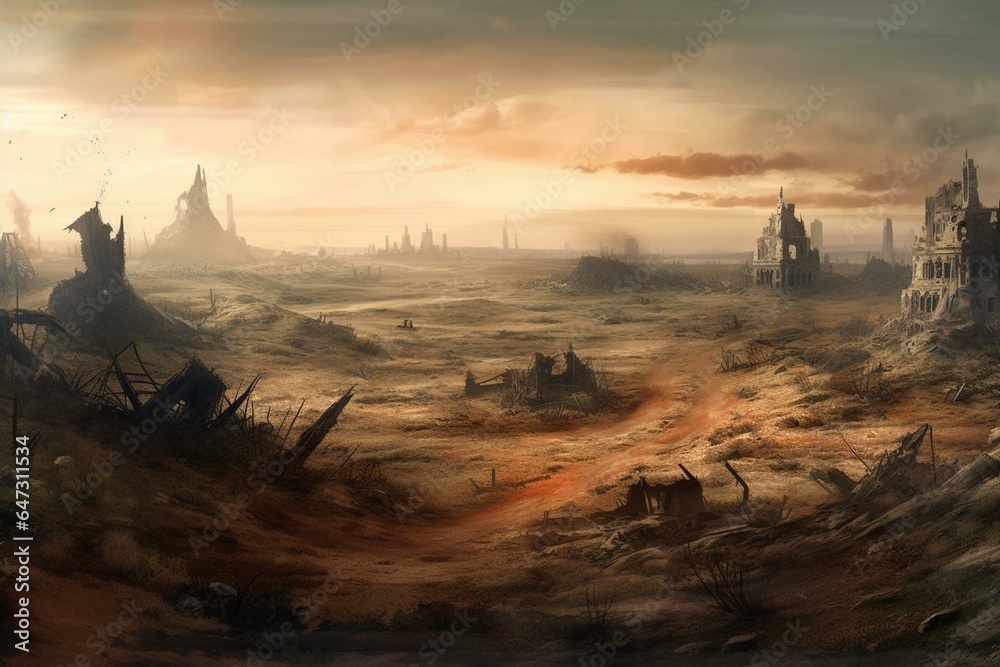 Illustration depicting a ruined landscape in an apocalyptic scenario. Generative AI