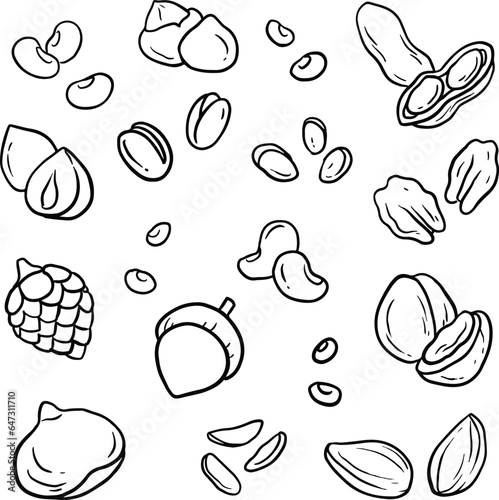 Sketch mix of different nuts and dried fruits. Hand drawn illustration of nuts, cashews, peanuts, hazelnut, raisins, almond, banana isolated on white, black line vector