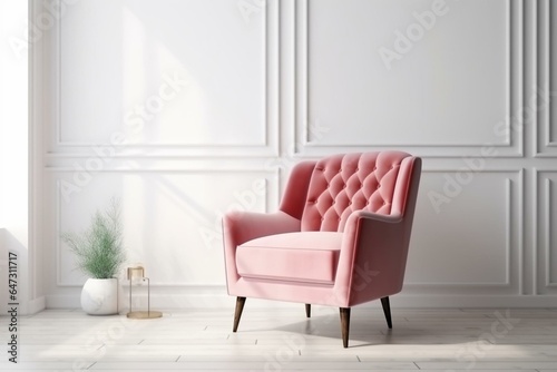 A pink armchair in a modern room with a white wall background. Generative AI © Emily