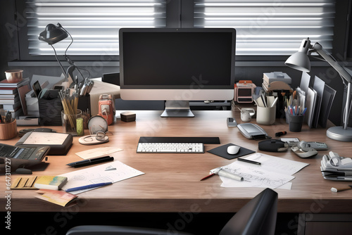 Workspace with computer and stationery on wooden table