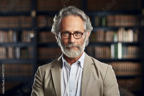 Generative AI photo of confident determined intelligent mature man standing in library © Tetiana