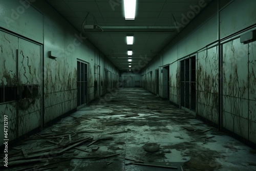 Desolate hallway inside correctional facility. Generative AI