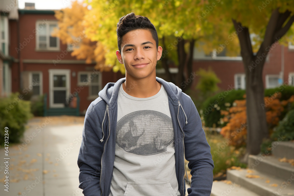 Fototapeta premium Generated by AI photo image of happy male college student going to campus first september and looking at camera