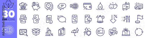 Empower, Manual and 24h service line icons pack. Food delivery, Journey path, Bitcoin coin web icon. Waterproof umbrella, Cyber attack, Recycling pictogram. Mortgage, Improving safety. Vector