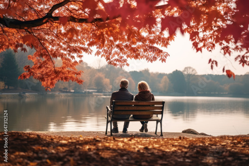 Fototapeta Naklejka Na Ścianę i Meble -  Couple enjoying Leaf Peeping fall foliage in the park in autumn
