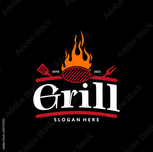 grill barbecue logo vintage. retro grilled barbecue food vector illustration 
