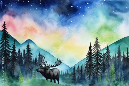 Alaska natural scenery background with a polar deer, watercolor © pariketan