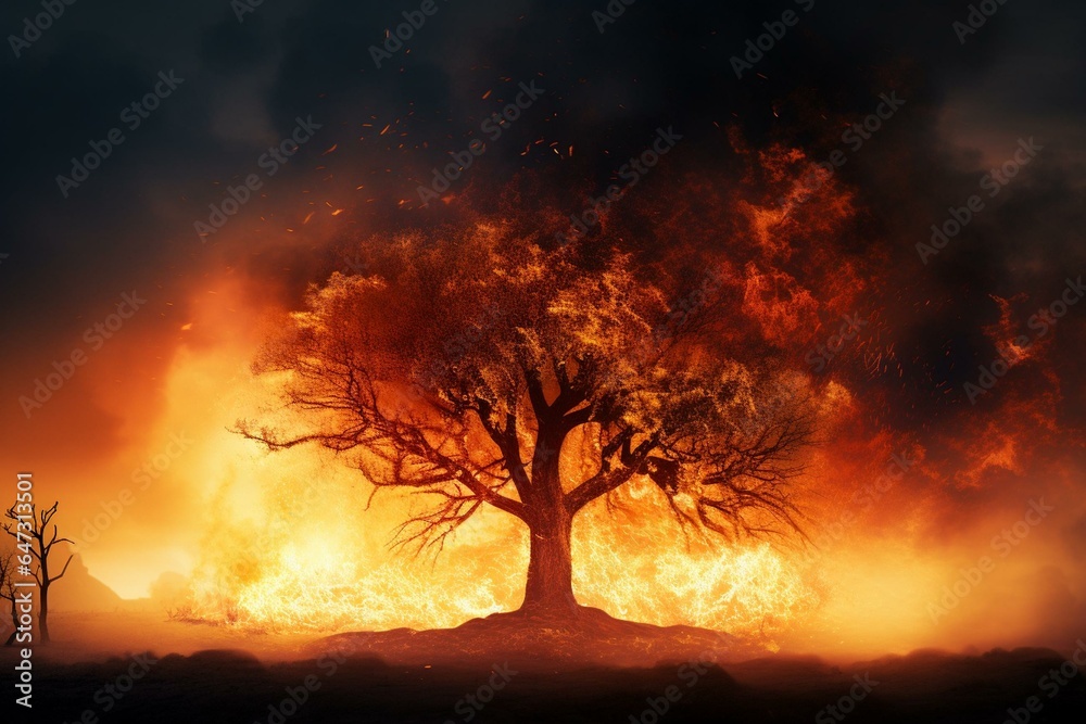 Large blazing tree during ecological catastrophe caused by forest fire. Generative AI Large blazing tree during ecological catastrophe caused by forest fire. Generative AI