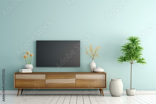 Modern living room with TV, cabinet, lamp, table, flower, and plant on light blue wall background. Generative AI