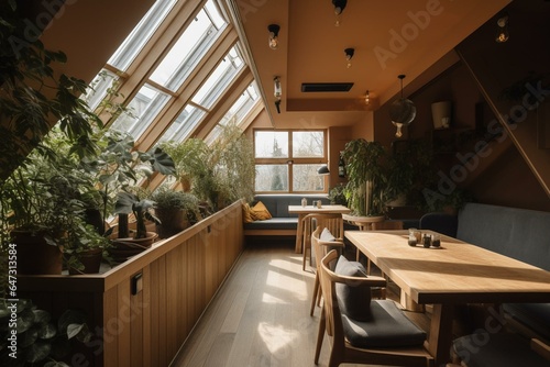 An ambient restaurant with contemporary decor and foliage stands out within the attic. Generative AI