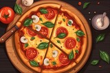 Classic pizza with tomato and mozzarella in a horizontal design template. Generative AI