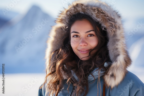 An Inuit Eskimo woman wearing winter clothes, iceberg background