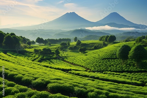 Scenic tea plantations and mountains on Jeju Island, South Korea, featuring a depiction of tea farming. Generative AI