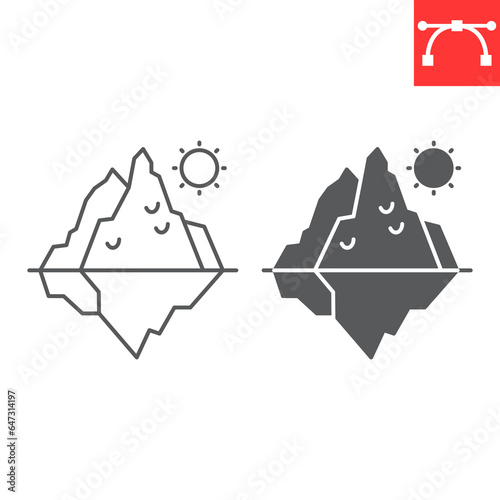 Iceberg melting line and glyph icon, climate change and ecology, ice melting vector icon, vector graphics, editable stroke outline sign, eps 10.